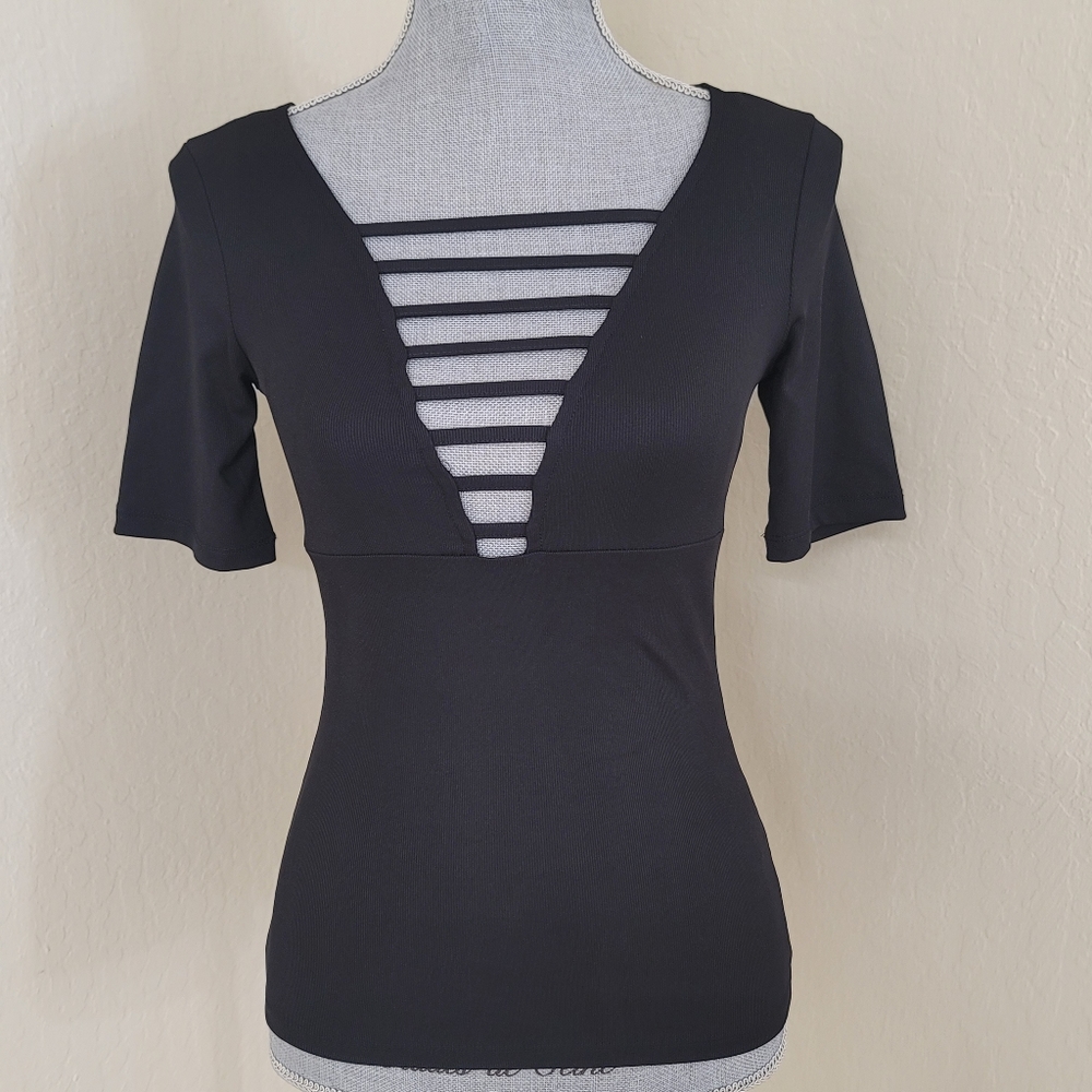 H&M Top Womens SIZE XS Black Short Sleeve Lace Up Low Cut V-Neck